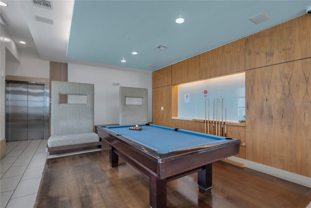 rec room with elevator, pool table, visible vents, and recessed lighting