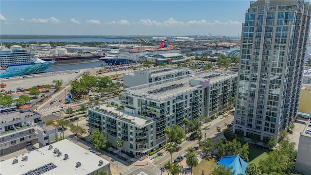 aerial view featuring a water view and a view of city