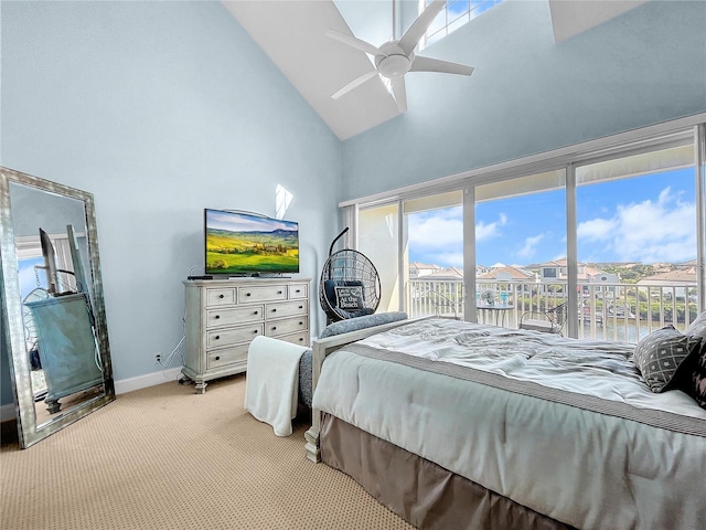 bedroom with high vaulted ceiling, light carpet, access to outside, baseboards, and a ceiling fan