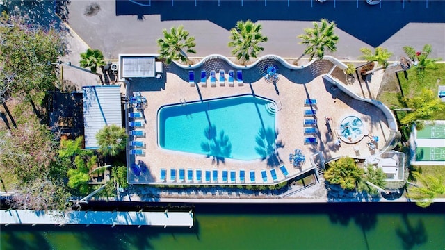 drone / aerial view of a pool