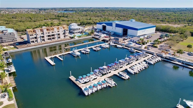 bird's eye view of a heavily wooded area, a marina, and a large body of water