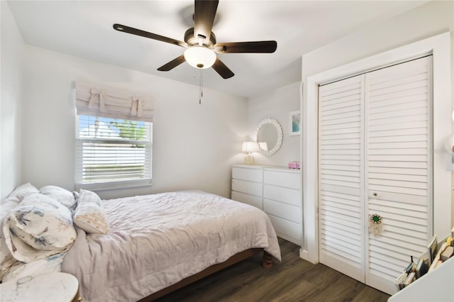 3202 W Coachman Ave, Tampa, FL 33611 - bedroom with dark wood-type flooring, a closet, and a ceiling fan