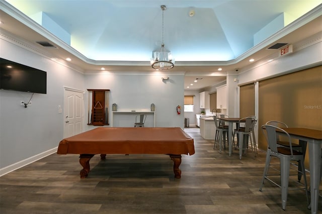 recreation room with recessed lighting, wood finished floors, and billiards