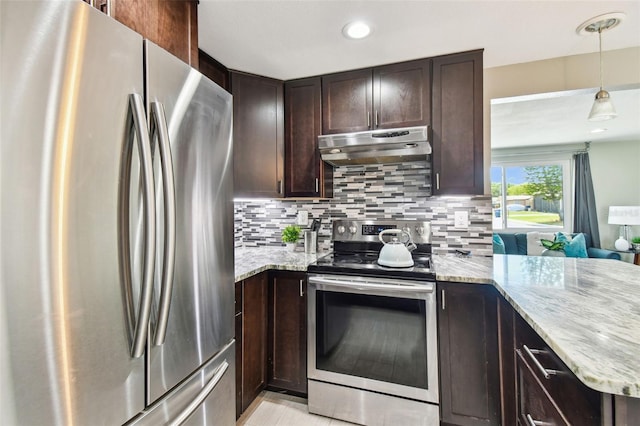 kitchen with decorative backsplash, under cabinet range hood, dark brown cabinetry, and appliances with stainless steel finishes