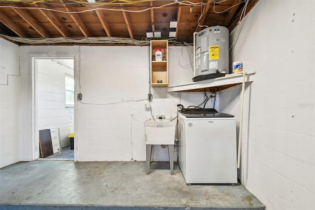 laundry room featuring a sink, concrete block wall, laundry area, washer / dryer, and electric water heater
