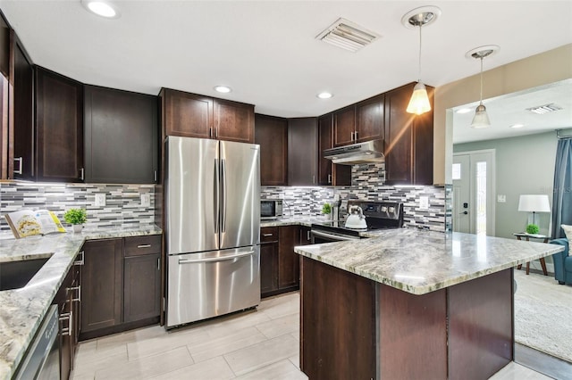kitchen featuring stainless steel appliances, under cabinet range hood, visible vents, light stone countertops, and dark brown cabinets
