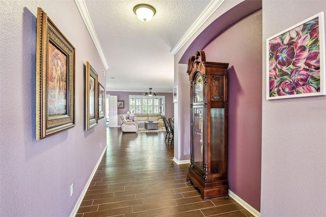 21627 Pearl Crescent Ct, Land O Lakes, FL 34637 - hallway with dark wood finished floors, baseboards, ornamental molding, and a textured ceiling