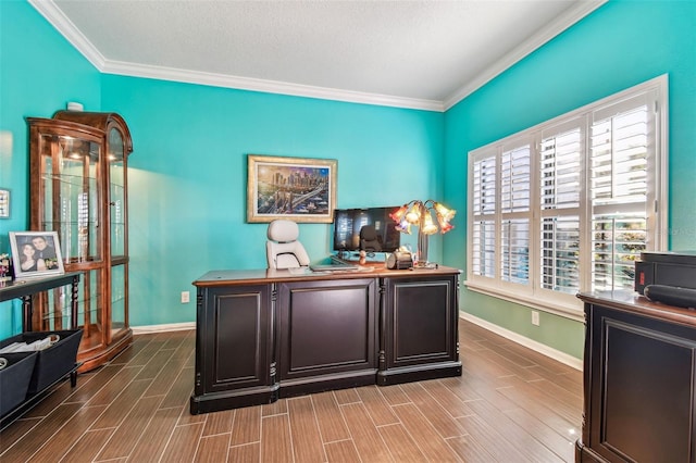 21627 Pearl Crescent Ct, Land O Lakes, FL 34637 - home office with crown molding, baseboards, and wood tiled floor