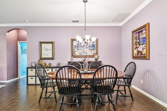 21627 Pearl Crescent Ct, Land O Lakes, FL 34637 - dining space featuring visible vents, baseboards, arched walkways, ornamental molding, and wood tiled floor