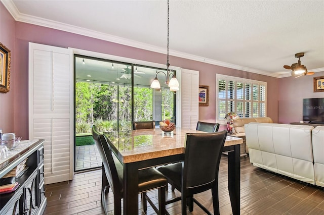 21627 Pearl Crescent Ct, Land O Lakes, FL 34637 - dining space featuring crown molding, a ceiling fan, and dark wood-style flooring