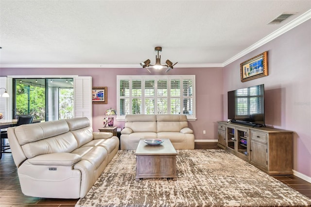 21627 Pearl Crescent Ct, Land O Lakes, FL 34637 - living room featuring crown molding, baseboards, visible vents, and a wealth of natural light
