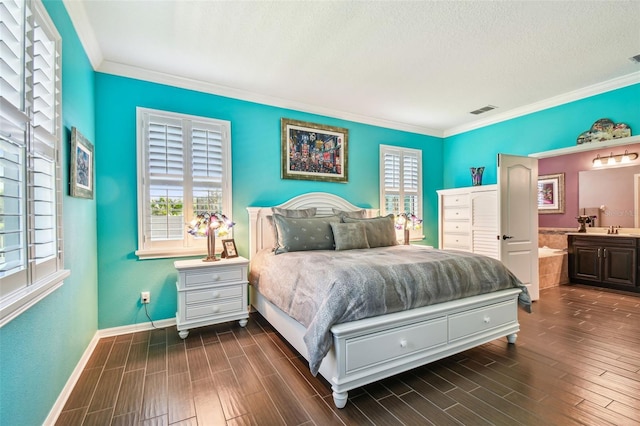 21627 Pearl Crescent Ct, Land O Lakes, FL 34637 - bedroom with visible vents, multiple windows, crown molding, and dark wood finished floors