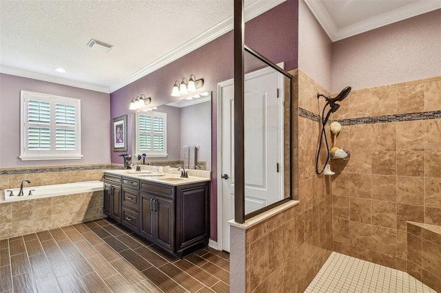 21627 Pearl Crescent Ct, Land O Lakes, FL 34637 - bathroom with a tile shower, a bath, ornamental molding, and visible vents