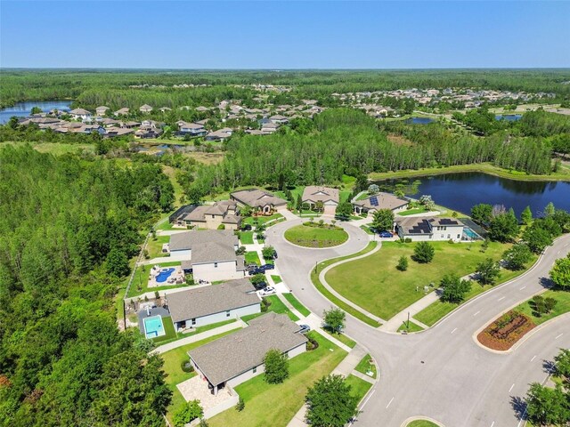 21627 Pearl Crescent Ct, Land O Lakes, FL 34637 - bird's eye view with a water view, a residential view, and a forest view
