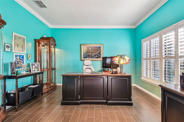 21627 Pearl Crescent Ct, Land O Lakes, FL 34637 - office space featuring visible vents, baseboards, ornamental molding, and wood tiled floor