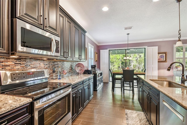 21627 Pearl Crescent Ct, Land O Lakes, FL 34637 - kitchen featuring visible vents, a sink, pendant lighting, stainless steel appliances, and decorative backsplash
