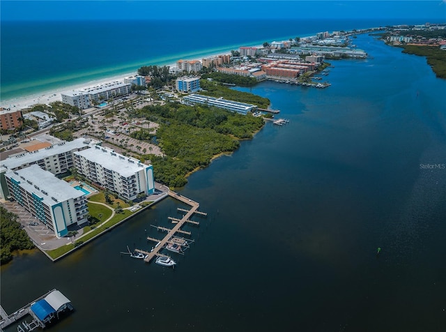 aerial view featuring a city view and a water view