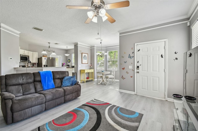 10442 Villa View Cir, Tampa, FL 33647 - living area with crown molding, light wood-style floors, ceiling fan, a textured ceiling, and visible vents