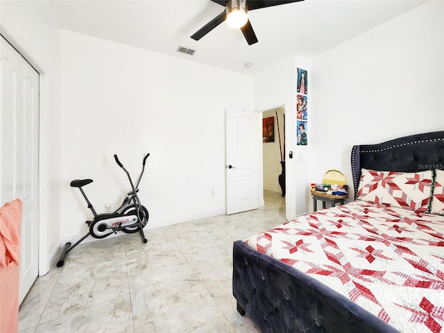 bedroom with ceiling fan, baseboards, and visible vents