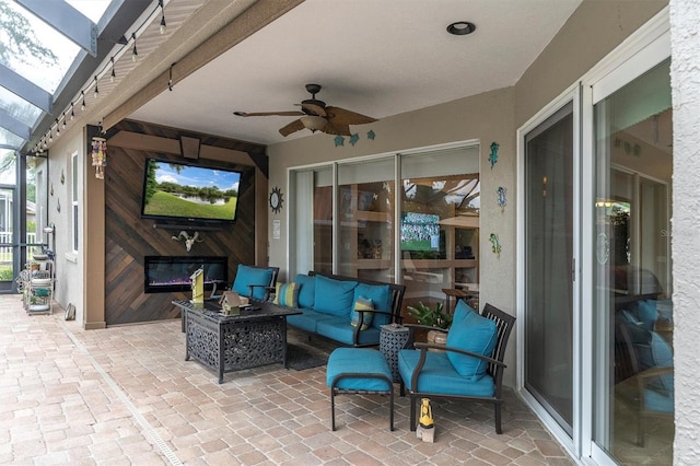 12304 Freesia Ct, Riverview, FL 33569 - view of patio featuring a lanai, an outdoor living space, and a ceiling fan