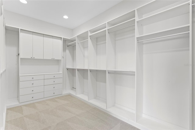 walk in closet with light colored carpet