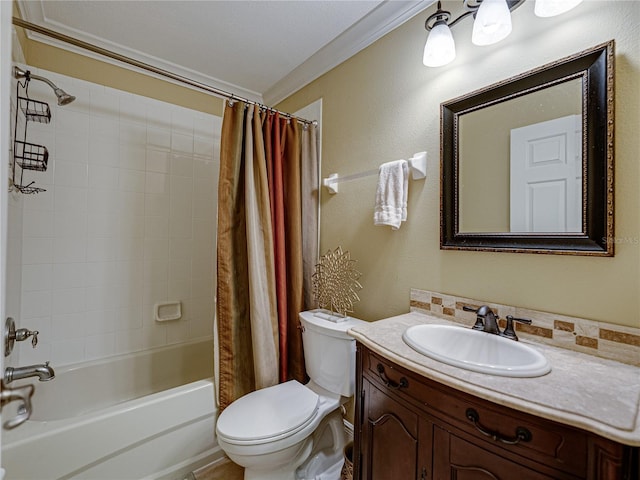 bathroom featuring toilet, crown molding, vanity, and shower / tub combo with curtain
