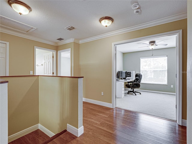 corridor with wood finished floors, baseboards, ornamental molding, and visible vents