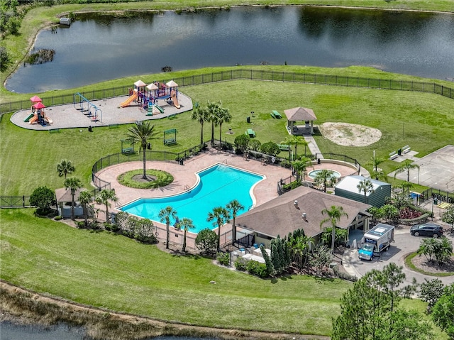 aerial view featuring a water view