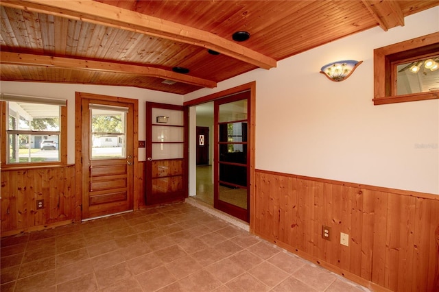721 75th Ave N, Saint Petersburg, FL 33702 - interior space featuring wooden walls, wooden ceiling, a wainscoted wall, and lofted ceiling with beams