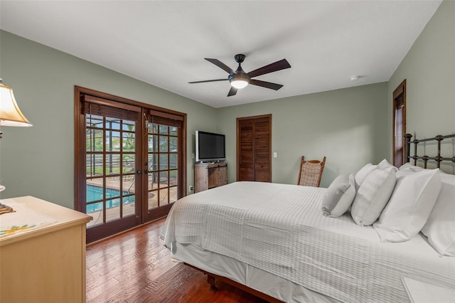 bedroom with french doors, access to outside, wood finished floors, and a ceiling fan