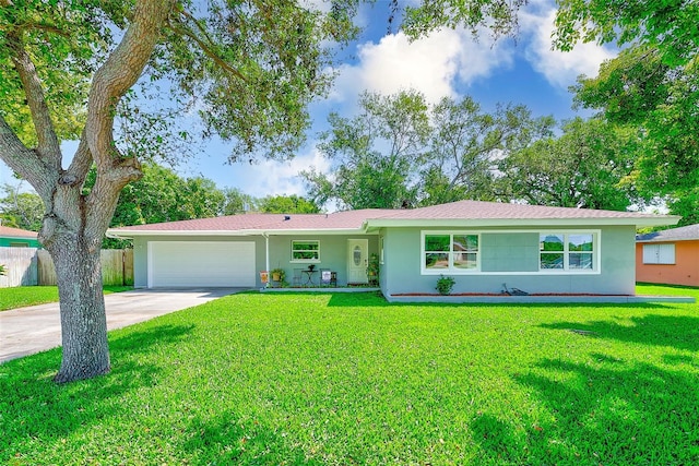 single story home featuring fence, a garage, concrete driveway, a front yard, and stucco siding