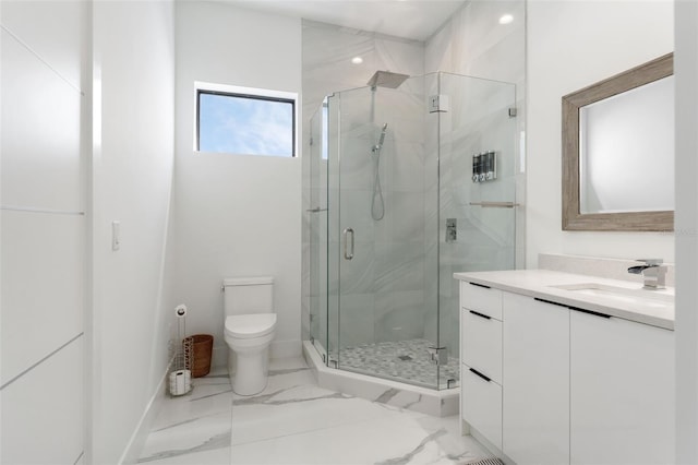 7608 Antilla St, Tampa, FL 33625 - bathroom featuring vanity, marble finish floor, toilet, and a shower stall