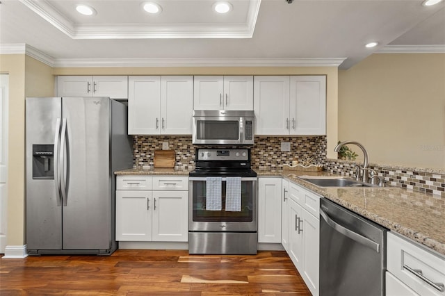 1002 S Harbour Island Blvd Unit 1312, Tampa, FL 33602 - kitchen with a tray ceiling, a sink, dark wood-type flooring, stainless steel appliances, and ornamental molding