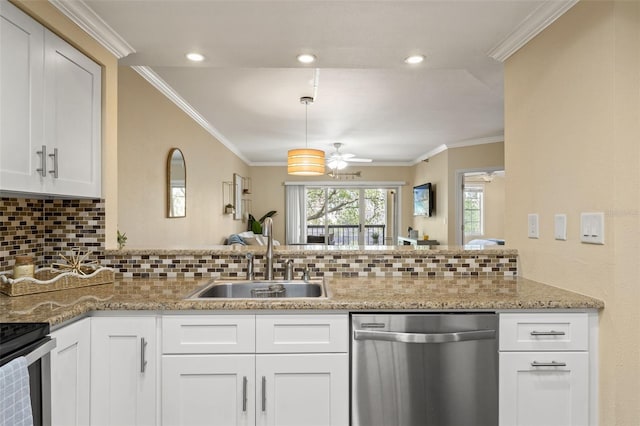 1002 S Harbour Island Blvd Unit 1312, Tampa, FL 33602 - kitchen featuring stainless steel dishwasher, ornamental molding, ceiling fan, and a sink