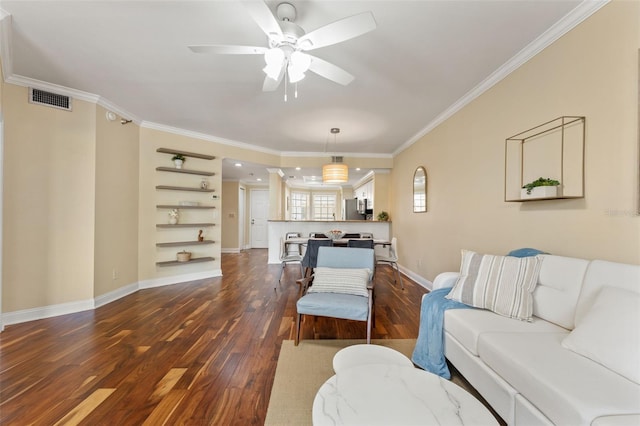 1002 S Harbour Island Blvd Unit 1312, Tampa, FL 33602 - living room featuring dark wood-style floors, baseboards, ornamental molding, and a ceiling fan