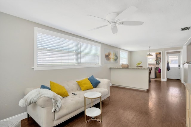 5367 5th Ave N, Saint Petersburg, FL 33710 - living room featuring dark wood finished floors, a healthy amount of sunlight, ceiling fan, and visible vents