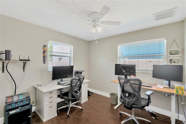 5367 5th Ave N, Saint Petersburg, FL 33710 - office space with baseboards, visible vents, a ceiling fan, and dark wood finished floors