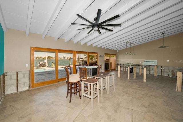 366 La Hacienda Dr, Indian Rocks Beach, FL 33785 - dining area featuring vaulted ceiling with beams and ceiling fan