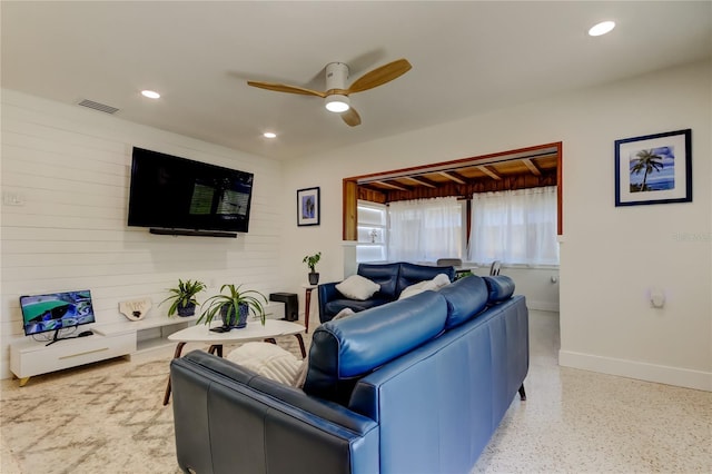 2488 Del Rio Way, Dunedin, FL 34698 - living room featuring a ceiling fan, baseboards, recessed lighting, and speckled floor