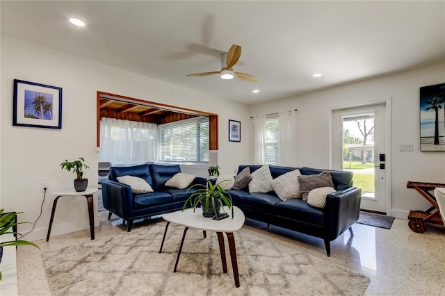 2488 Del Rio Way, Dunedin, FL 34698 - living room with healthy amount of natural light, ceiling fan, baseboards, recessed lighting, and speckle patterned floor