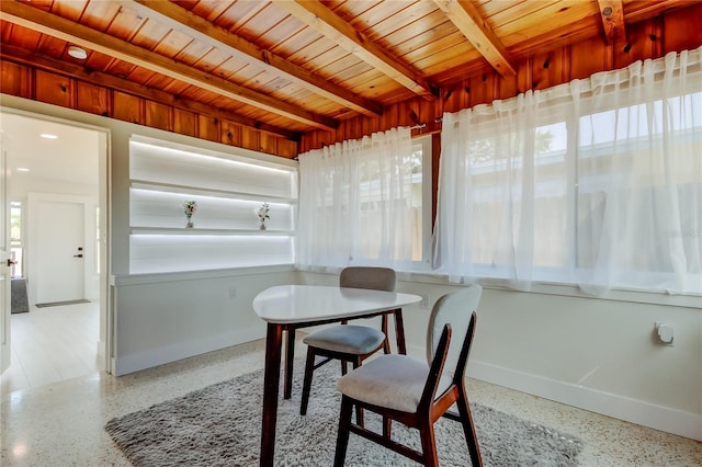 2488 Del Rio Way, Dunedin, FL 34698 - dining space with speckled floor, baseboards, and wood ceiling with exposed beams