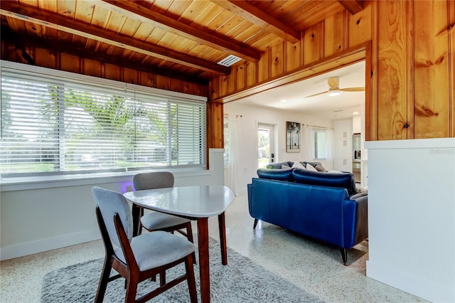2488 Del Rio Way, Dunedin, FL 34698 - dining room with dark aggregate flooring, baseboards, wooden ceiling with exposed beams, and ceiling fan