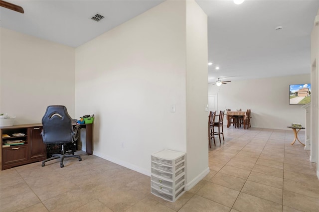 21046 Passive Porch Dr, Land O Lakes, FL 34637 - home office with a ceiling fan, baseboards, recessed lighting, light tile patterned floors, and visible vents