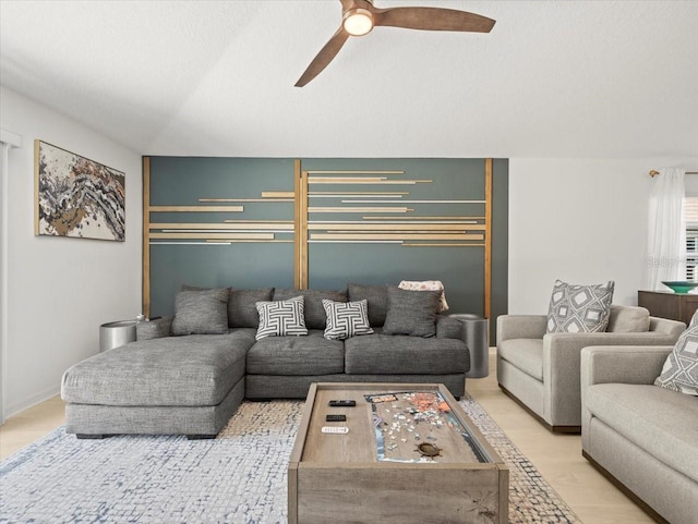 9617 Branching Ship Trce, Wesley Chapel, FL 33545 - living room with lofted ceiling, wood finished floors, and a ceiling fan