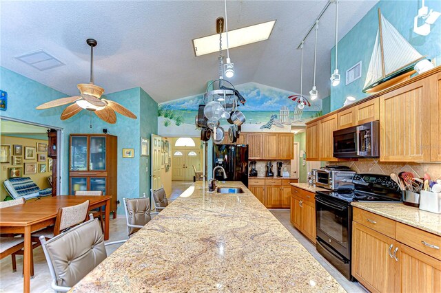 14119 Stonegate Dr, Tampa, FL 33624 - kitchen featuring a sink, a ceiling fan, a skylight, visible vents, and black appliances