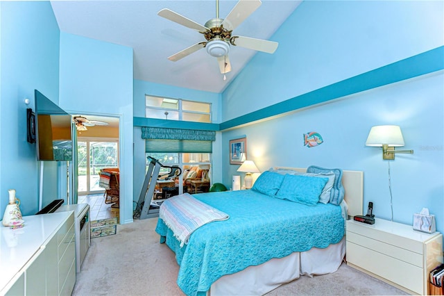 14119 Stonegate Dr, Tampa, FL 33624 - bedroom with high vaulted ceiling, ceiling fan, and carpet