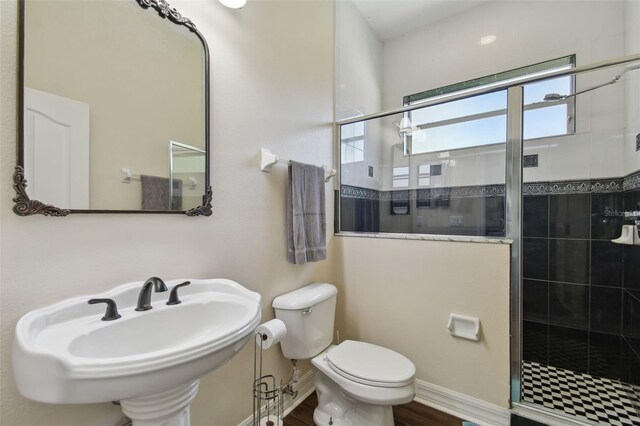bathroom featuring a shower stall, toilet, and a sink