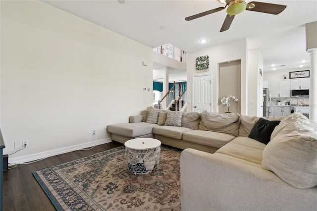 13310 Waterford Run Dr, Riverview, FL 33569 - living room featuring ceiling fan, dark wood-type flooring, stairs, and recessed lighting