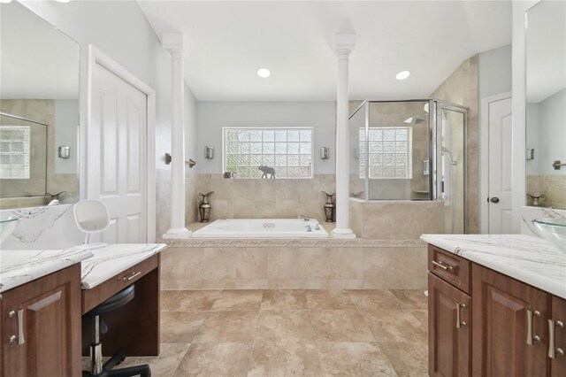 13310 Waterford Run Dr, Riverview, FL 33569 - full bathroom featuring decorative columns, vanity, a garden tub, a stall shower, and recessed lighting