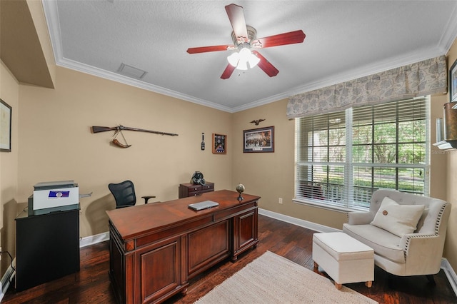 office featuring baseboards, dark wood-type flooring, crown molding, and ceiling fan